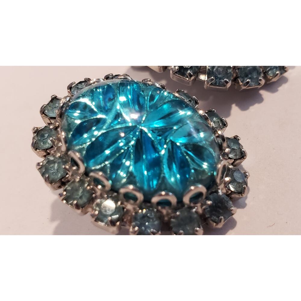 Vintage Earrings Big Molded Glass Cabochon & Rhinestone Judy Lee 1950s Sparkle - Picture 4 of 8